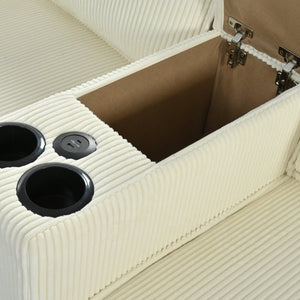 English Elm L-Shaped 4-Seater Corduroy Sofa With Center Console, Usb Charging & Storage Armrests – Versatile Comfort! W680S00049