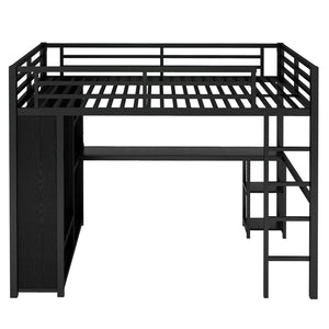 English Elm Queen Size Loft Bed Frame With Integrated Wardrobe, Desk & Shelves - Space-Saving Black Design W1580S00105-GIGA