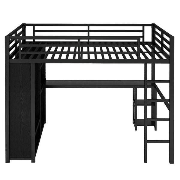 English Elm Queen Size Loft Bed Frame With Integrated Wardrobe, Desk & Shelves - Space-Saving Black Design W1580S00105-GIGA
