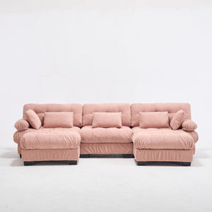 English Elm U Shaped Modular Cloud Sectional Deep Seat Flannelette Sofa with Rounded Bolster Armrests Pink W2120S00040
