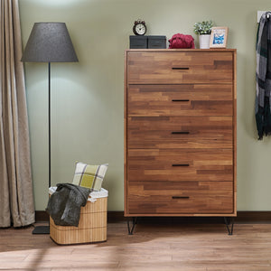 English Elm Walnut 5-Drawer Chest with Sleek Black Metal Legs, Spacious Wood Case-Frame & Smooth Glide Drawers B062P209027