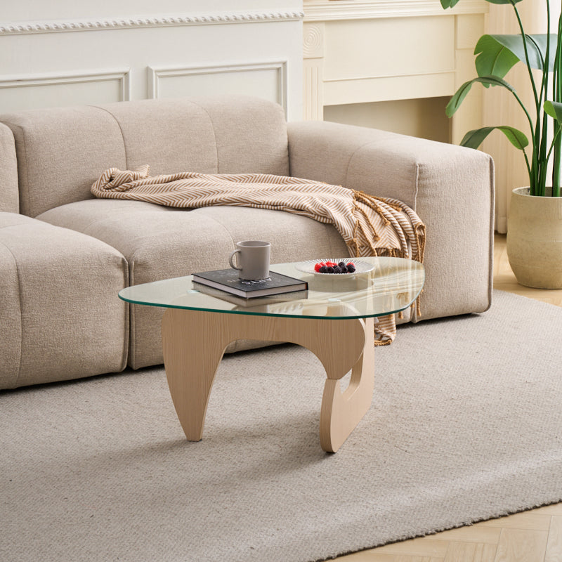 English Elm Century Mid-century Oak Base Tempered Glass Coffee Table Compact Living Room Accent W1718P452031