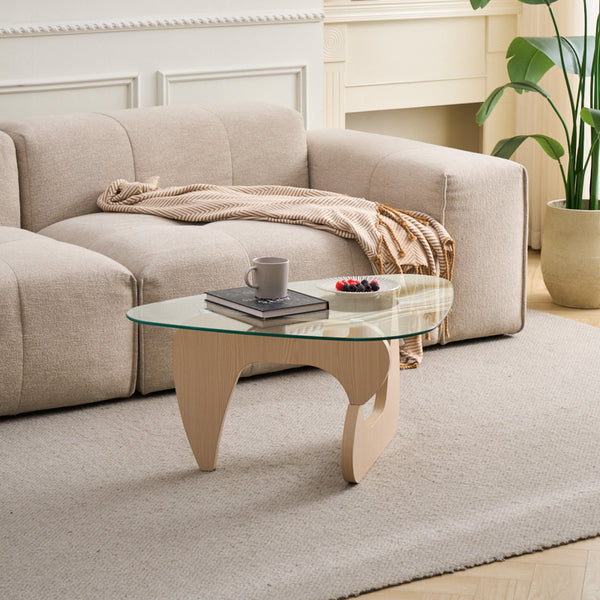 English Elm Glass Top Coffee Table Tempered Surface Oak Wood Base Mid-century Modern Living Room W1718P452022