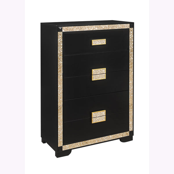 English Elm LIVELY Glam Chest with Gold Accents, Solid Wood & MDF Construction, Glitter Detail, Spacious Drawers Black 37.63 L x 20.25 W x 50 H B201P289717