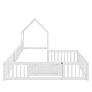 English Elm Twin House Floor Bed with Door & Full-Length Guardrails, Solid Wood Twin Loft Alternative for Kids White W1580P327128