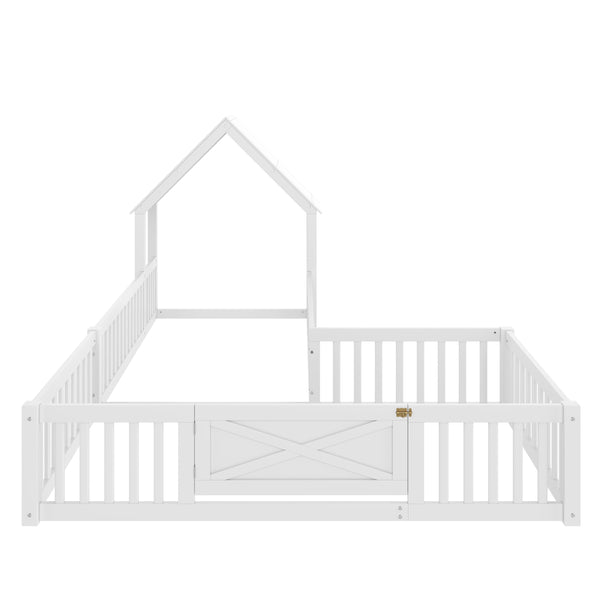 English Elm Twin House Floor Bed with Door & Full-Length Guardrails, Solid Wood Twin Loft Alternative for Kids White W1580P327128