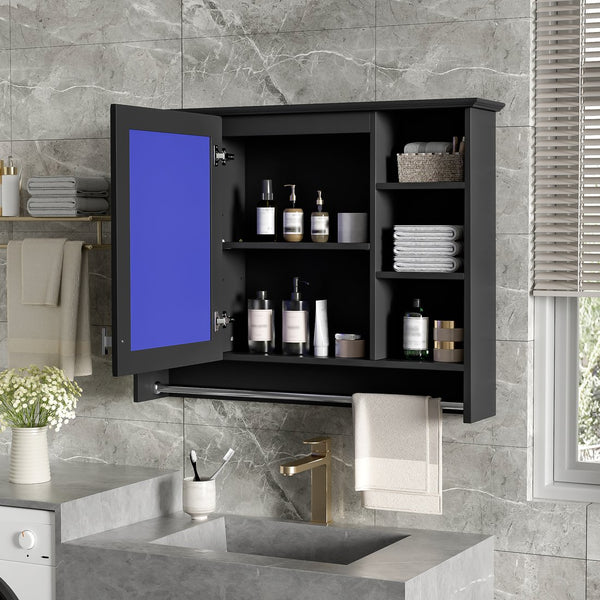 English Elm 3-in-1 Wall Mounted Medicine Cabinet with Soft Close Door Towel Bar and Vanity Mirror Black N710P358618B