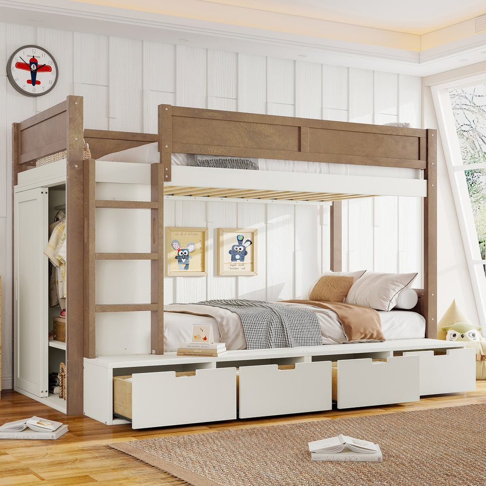 English Elm Twin Triple Bunk Bed Metal L-shaped Frame Sleeps Three Kids White Finish Beige,Natural W1580S00473