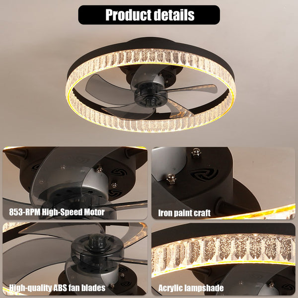 English Elm 20" Brown Ceiling Fan LED Light with Crystal Ring, Silent 21dB, 6 Speeds, Remote Dimmable 3000-6000K W2312P374768
