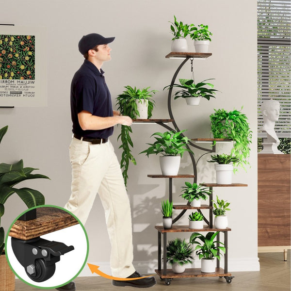 English Elm Plant Stand Indoor With Integrated Grow Lights, 62" Tall 8-Tier Mobile Plant Shelf For Any Room T3210P356960-GIGA