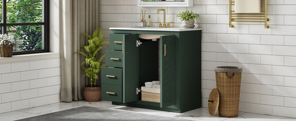 English Elm 36'' Bathroom Vanity with Ceramic Sink Combo, Solid Wood Frame, Soft-Close Drawers and Stylish Retro Groove Design Green N710P291684F