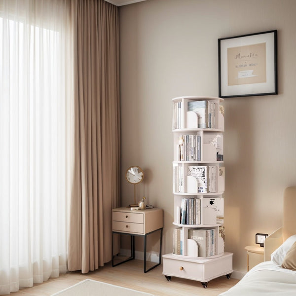 English Elm Rotating 6-Tier Corner Bookshelf With Drawer - Stylish 360° Swivel Storage For Small Spaces, White W2641P329209-GIGA