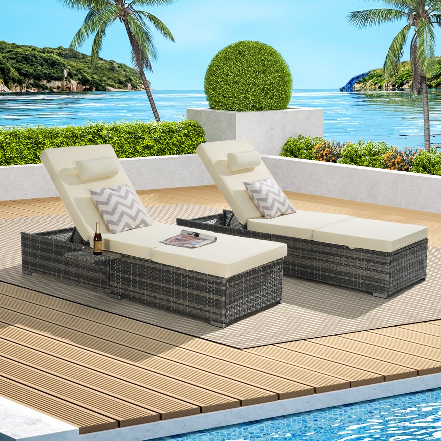 English Elm Outdoor Pe Rattan Chaise Loungers Set of 2 with Cushions Poolside Patio Resort Style Beige W874P266304
