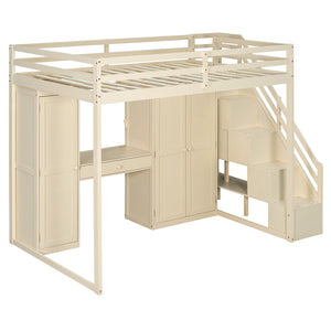 English Elm Full Size Loft Bed with Wardrobe Dressing Mirror Usb Ports and Teen Room Storage LT000276AAA