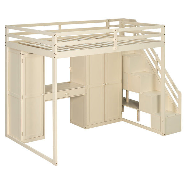 English Elm Full Size Loft Bed with Wardrobe Dressing Mirror Usb Ports and Teen Room Storage LT000276AAA
