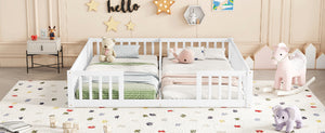 English Elm Double Twin Floor Bed With Safety Guardrails, Space-Saving Design In White For Cozy Shared Sleep W504P143286