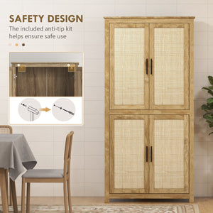 English Elm HOMCOM 64" Rattan Kitchen Pantry Cabinet with Adjustable 6-Level Shelf, Anti-Tip, Boho Storage W2225P173913