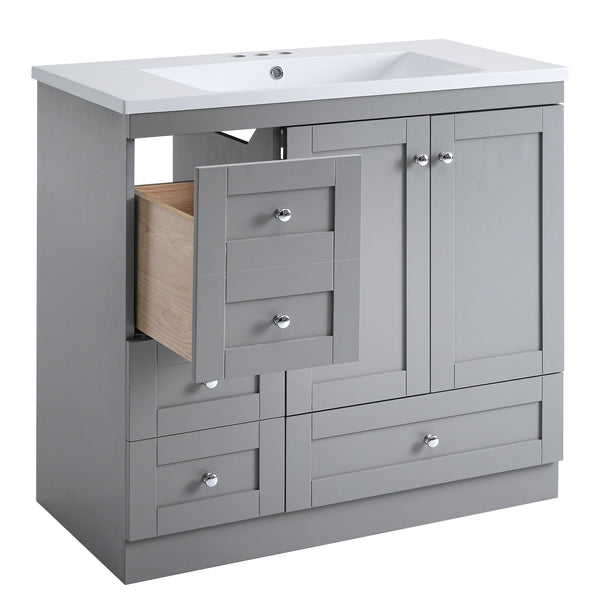 English Elm 36 Inch Shaker Bathroom Vanity with Resin Sink Four Soft Close Drawers Mdf Cabinet Gray N729P000028E
