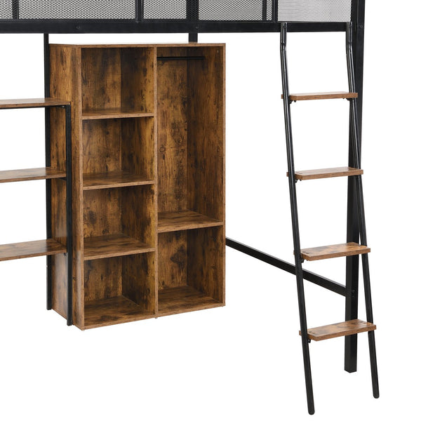 English Elm Full Full Size Metal Loft Bed with Built-In Desk, Wardrobe & Shelves in Black — Space-Saving, Sturdy Design (Fits 6" Mattress) GX001134AAB