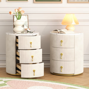 English Elm 2 Upholstered Nightstand Set with 3 Drawers, Round Velvet Bedside Table, Marble Top & Metal Handles Beige 24 L x 19.5 W x 18.89 H N733S272609A