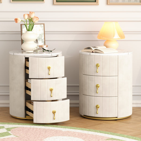 English Elm 2 Upholstered Nightstand Set with 3 Drawers, Round Velvet Bedside Table, Marble Top & Metal Handles Beige 24 L x 19.5 W x 18.89 H N733S272609A