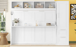 English Elm Queen Murphy Wall Bed with Integrated Wardrobe and Drawers for Studio or Guest Room White LP000793AAK-2