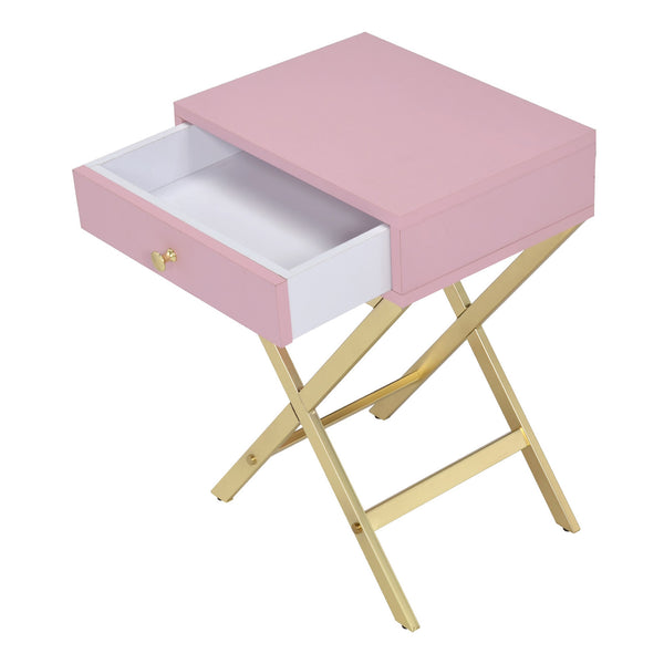 English Elm Rectangular Industrial Wooden Top End Table with Weathered Oak Finish and Sturdy Metal Legs Gold,Pink B016P311132