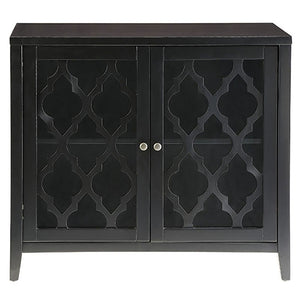 English Elm Black Console Table with Glass Doors and Interior Shelf, Tapered Wood Legs, Knob Handles, Elegant Storage Display B062P189173