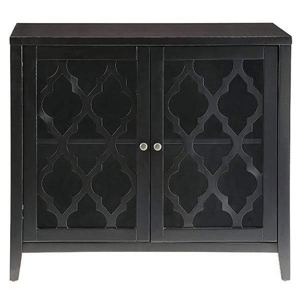 English Elm Black Console Table with Glass Doors and Interior Shelf, Tapered Wood Legs, Knob Handles, Elegant Storage Display B062P189173