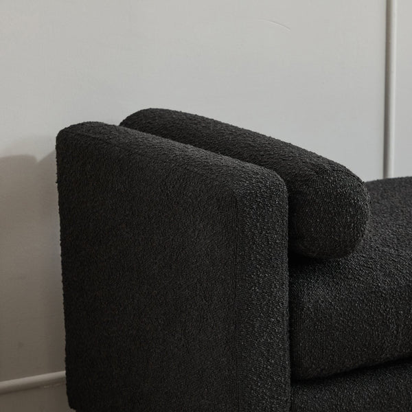 English Elm 66.34"W Elegant Upholstered Bench & Daybed, Soft Black Boucle, Natural Wood Legs & Bolster Pillows W3188S00019