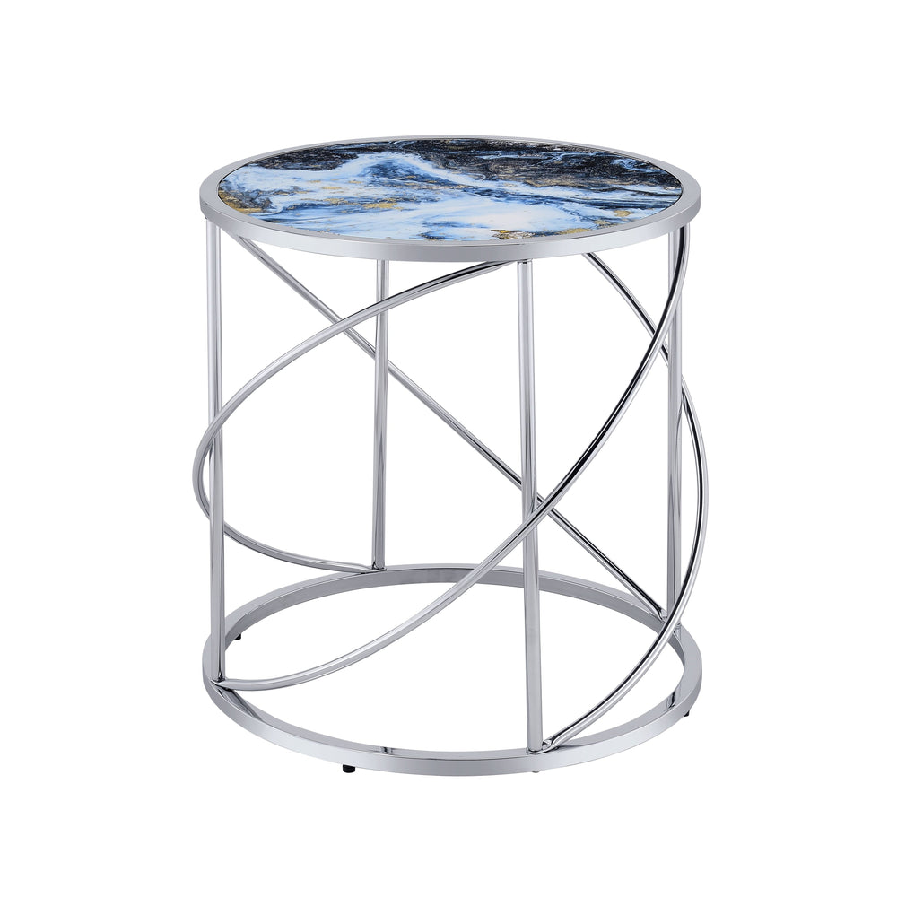 English Elm Lyda Blue Marble Print End Table with Chrome Metal Frame, Round Polished Glass Top & Artful Base B2726P256342