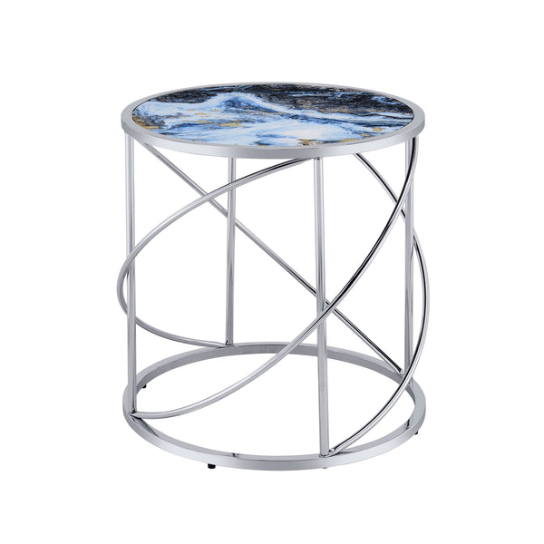 English Elm Lyda Blue Marble Print End Table with Chrome Metal Frame, Round Polished Glass Top & Artful Base B2726P256342