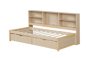 English Elm Twin Storage Bed with Bookcase Headboard Built-in Usb Charging and Two Drawers Natural W697S00038
