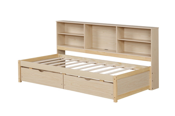 English Elm Twin Storage Bed with Bookcase Headboard Built-in Usb Charging and Two Drawers Natural W697S00038