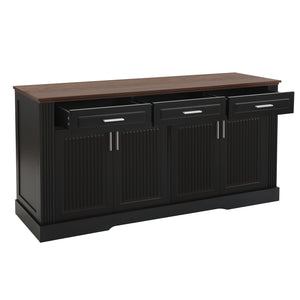 English Elm 63" Fluted Sideboard Buffet Cabinet with Coffee Bar Storage, 4 Doors 3 Drawers, Smooth Silent Slides Black W2917P319112