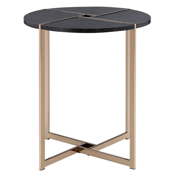 English Elm Black Black and Champagne Round End Table with Smooth 2/3 Drawer Extension, Metal Legs, Durable Finish B062P186400