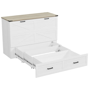 English Elm Queen Farmhouse Murphy Cabinet Bed with Charging Station and Storage Drawer White N733S361778W