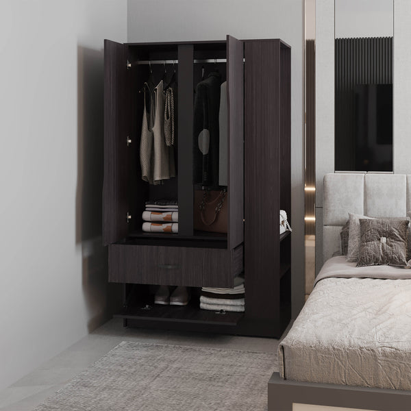 English Elm Armoire with Built-In Mirror and Ample Storage — 4 Doors, 2 Drawers, 4 Shelves, Eco-Friendly Finish Black 75.98 L x 24.02 W x 4.72 H B097S00218