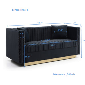 English Elm Contemporary Velvet Channel Tufted Loveseat Sofa - Modern Upholstered 2-Seater with Pillows, Sleek Apartment Style Black W1117P147303