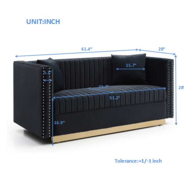 English Elm Contemporary Velvet Channel Tufted Loveseat Sofa - Modern Upholstered 2-Seater with Pillows, Sleek Apartment Style Black W1117P147303