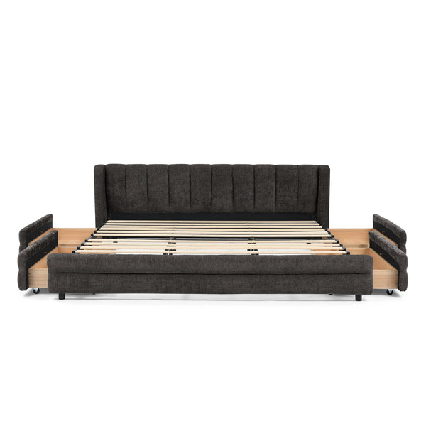English Elm King Chenille Upholstered Platform Bed with Storage Drawers and Structured Headboard Dark Gray W487S00415