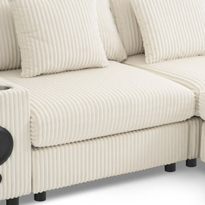 English Elm 114*64'' Corduroy Cloud Sectional with Bluetooth Speakers Usb Charging Ottoman Lounge Sofa N723S9756A
