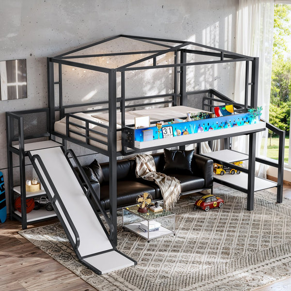 English Elm Twin Metal Loft Bed with Built-in Wardrobe Storage Stairs Led Lights and Usb Ports W5316S00047