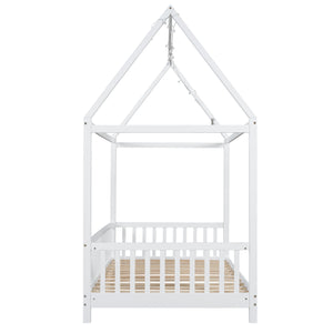 English Elm Wood Twin Size House Bed with Guardrail, Built-In LED Lights, Sturdy Pine Frame for Safe Sleep N709P177522K