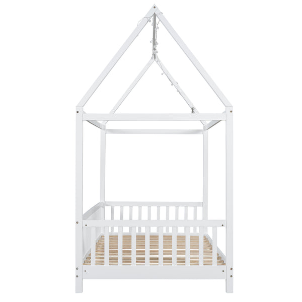 English Elm Wood Twin Size House Bed with Guardrail, Built-In LED Lights, Sturdy Pine Frame for Safe Sleep N709P177522K