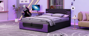 English Elm Modern Cyberpunk Queen Platform Bed Hydraulic Storage Pu Upholstered Gaming Frame Purple+Black SF000205AAI