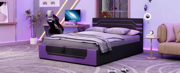 English Elm Modern Cyberpunk Queen Platform Bed Hydraulic Storage Pu Upholstered Gaming Frame Purple+Black SF000205AAI