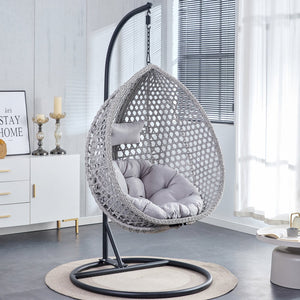 English Elm 76.8-inch Hand Woven Rattan Egg Swing Chair Indoor Outdoor with Cushion Lumbar Pillow Gray W1512P498595