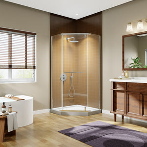 English Elm Corner Frameless Neo-angle Pivot Shower Enclosure with Tempered Glass and Sleek Hardware Brushed Nickel W637P348806