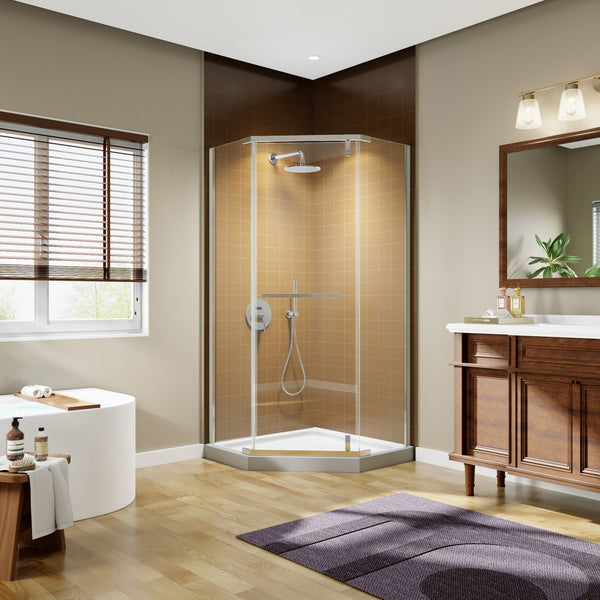 English Elm Corner Frameless Neo-angle Pivot Shower Enclosure with Tempered Glass and Sleek Hardware Brushed Nickel W637P348806